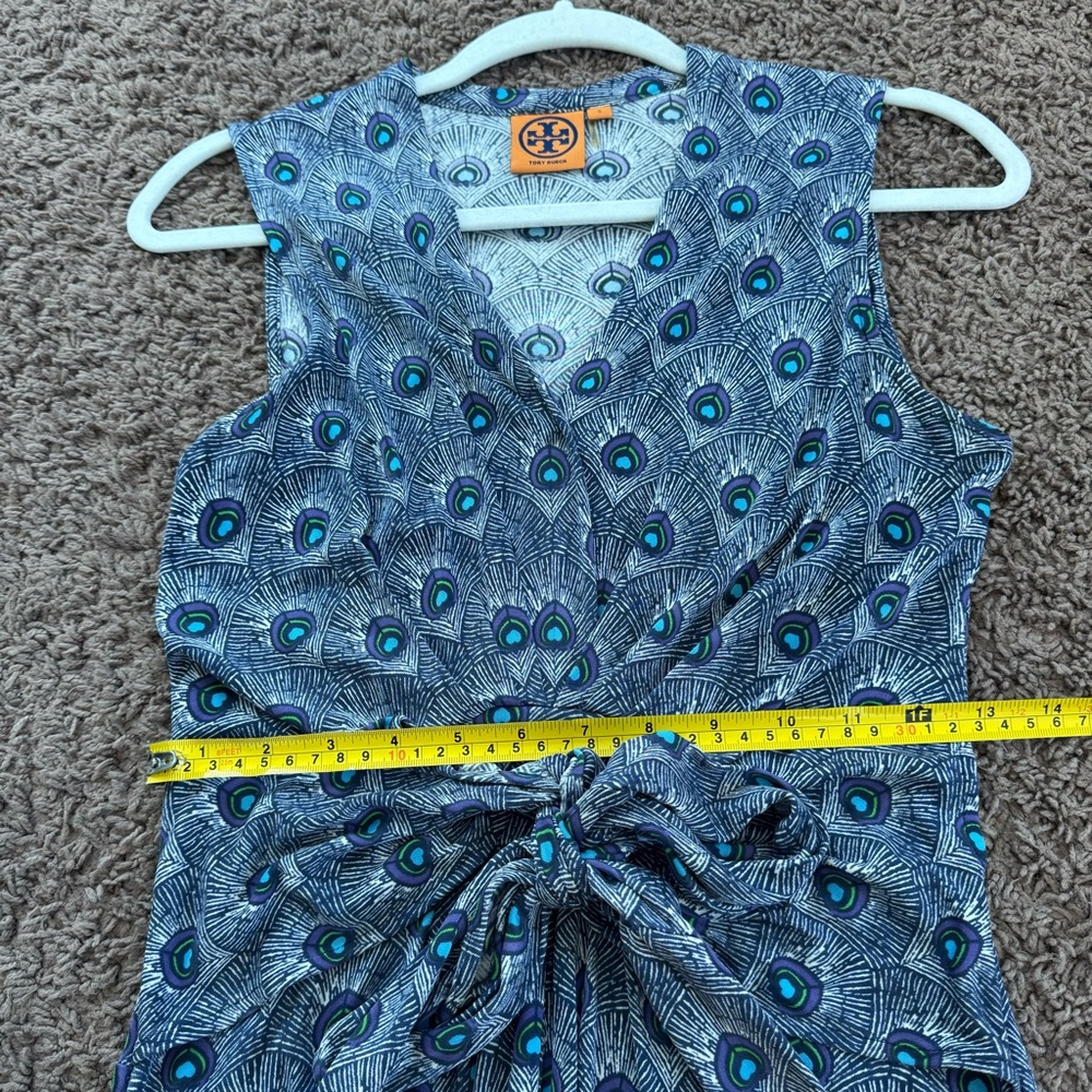 Tory Burch 100% Silk Wrap Dress Peacock Feather Print Sleeveless Purple Blue S - Picture 11 of 13